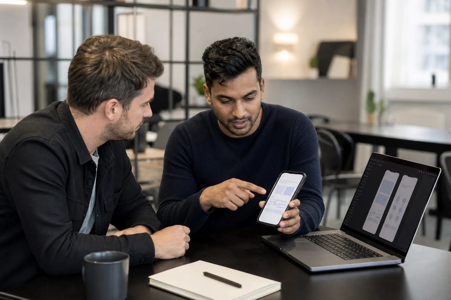 Founder and mobile app developer reviewing a React Native app prototype together on a smartphone