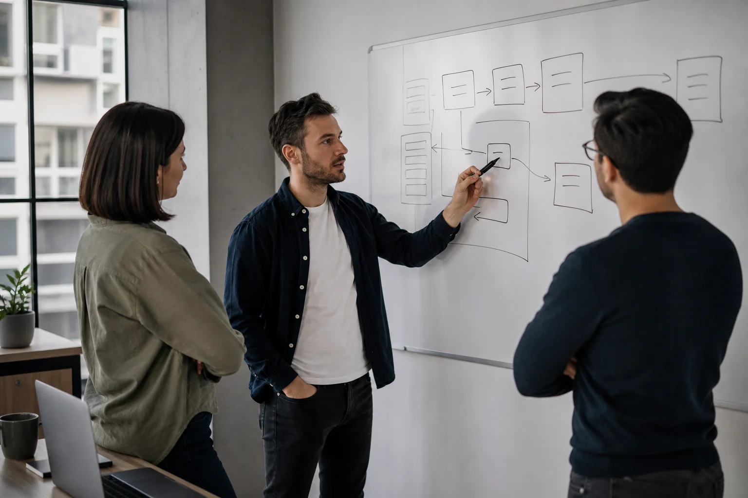 Small SaaS founding team reviewing architecture decisions on a whiteboard. Photorealistic photo: a small team of three founders in a startup office discussing a whiteboard with boxes and arrows sketched out, black marker on white board