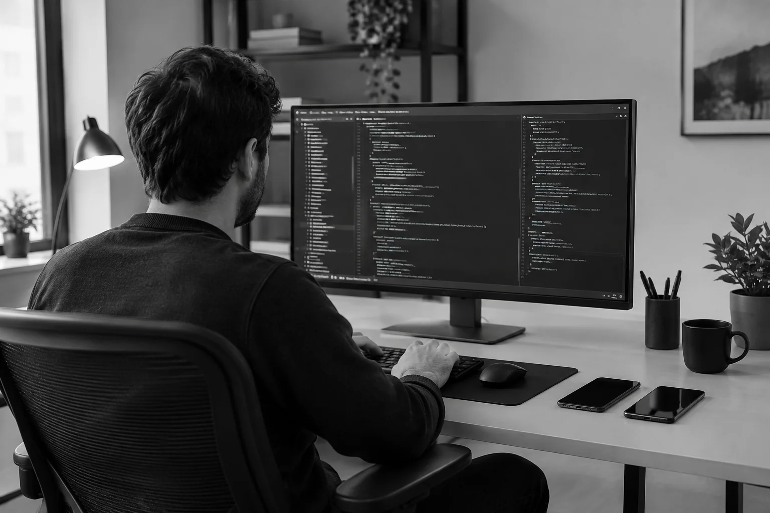 Developer writing React Native code on a laptop with two phones nearby