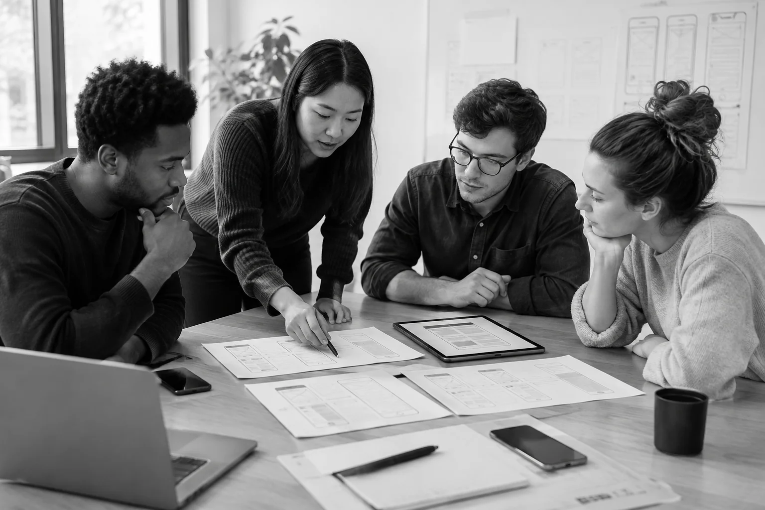 Team reviewing app wireframes on a whiteboard during a planning workshop