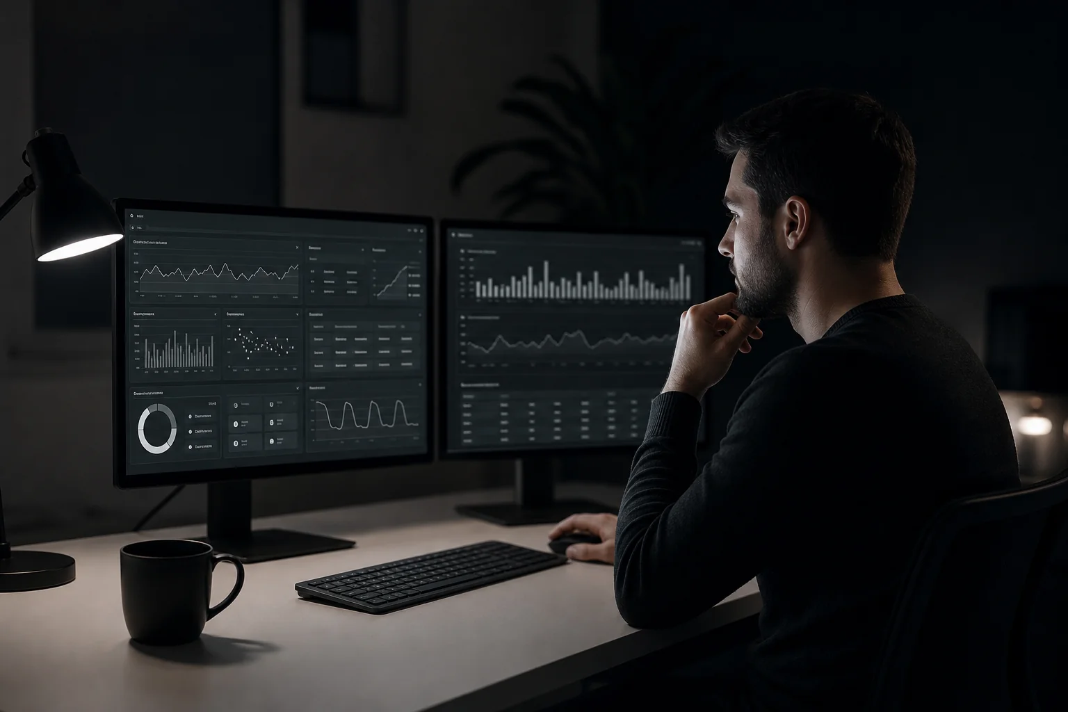 Developer monitoring a live SaaS application dashboard after launch, representing post-launch support. photorealistic: A software developer at a clean minimalist desk monitoring server uptime and analytics dashboards on dual monitors late