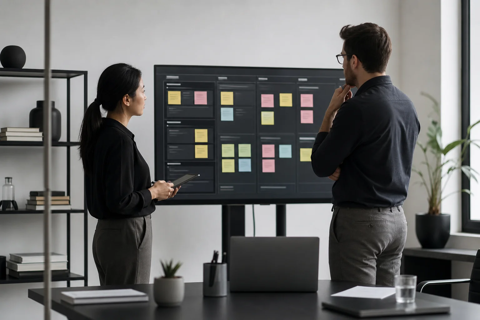 Two professionals reviewing a kanban board of feature change requests on a large monitor. photorealistic: Two professionals in a small studio office standing in front of a large monitor displaying a kanban-style project board with sticky