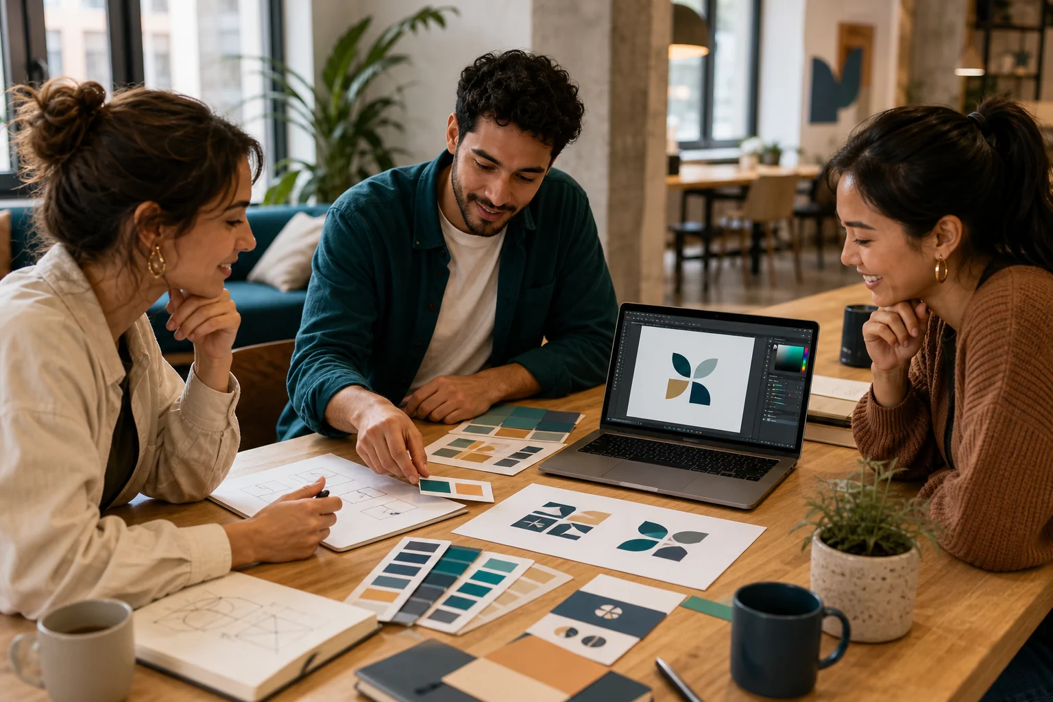 Small startup team collaborating on brand identity decisions with colour palette cards, logo variations, and design tools spread across a modern co-working space table