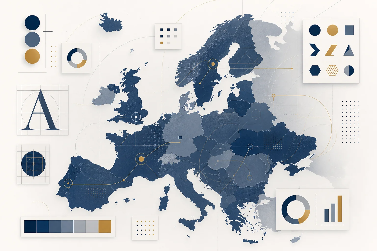Abstract illustration of European market regions with brand identity elements including colour swatches and logo marks floating around different areas