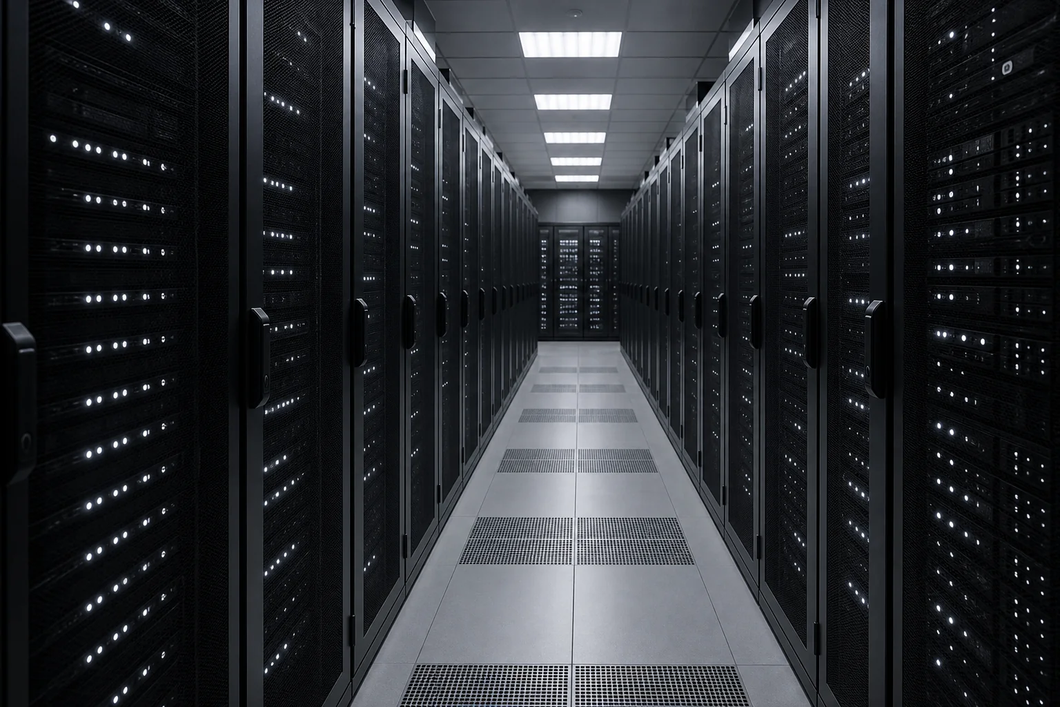 Photorealistic photo of a server room or data center aisle with black server racks and white LED indicator lights, clean geometric lines, cool grayscale tones, sense of organized technical infrastructure, no visible text or labels