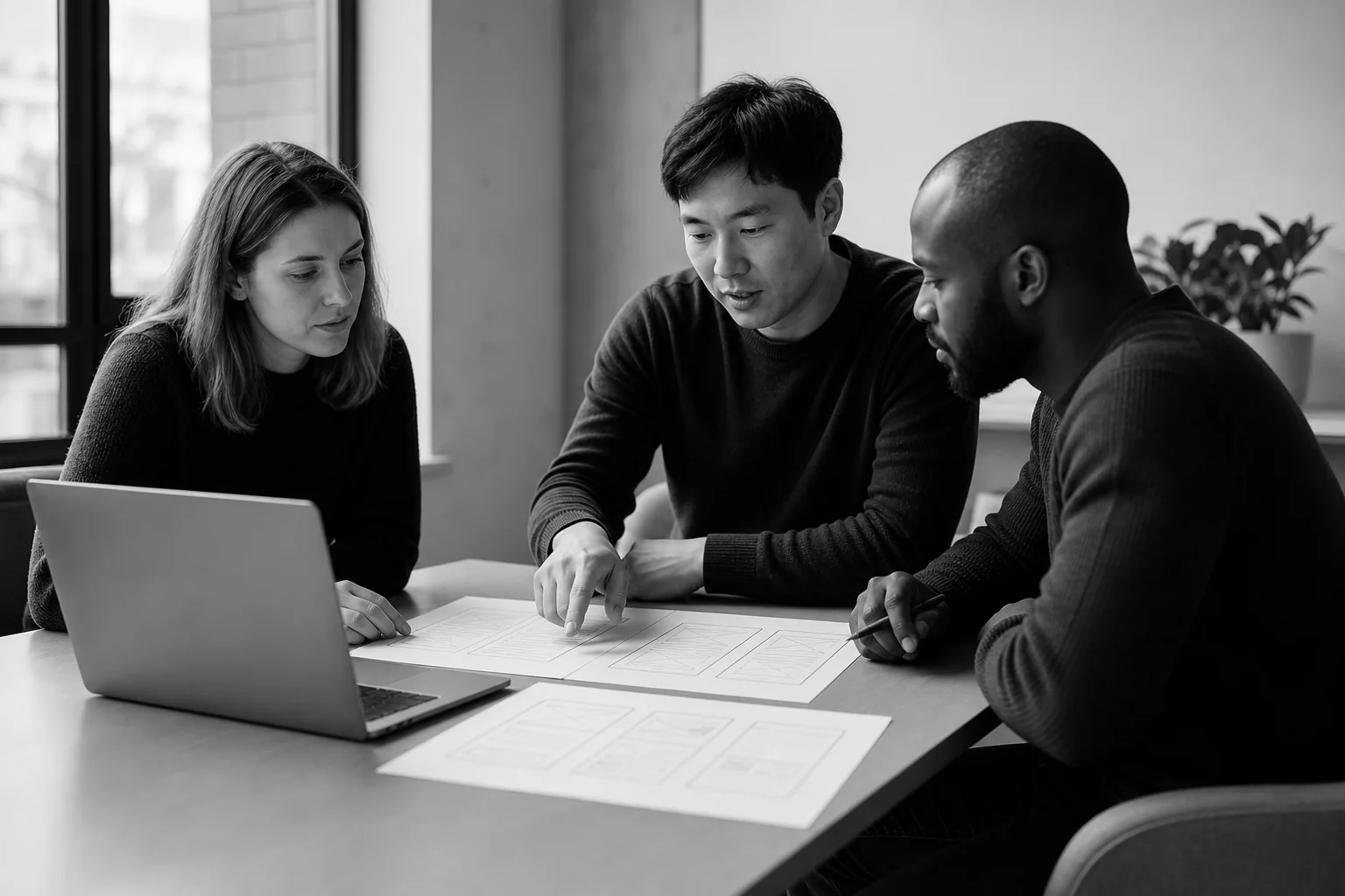 Team discussing which AI feature fits a product. Photorealistic photo of a small product team of three people around a table with a laptop and printed wireframes, discussing feature planning, monochrome black and white office setting