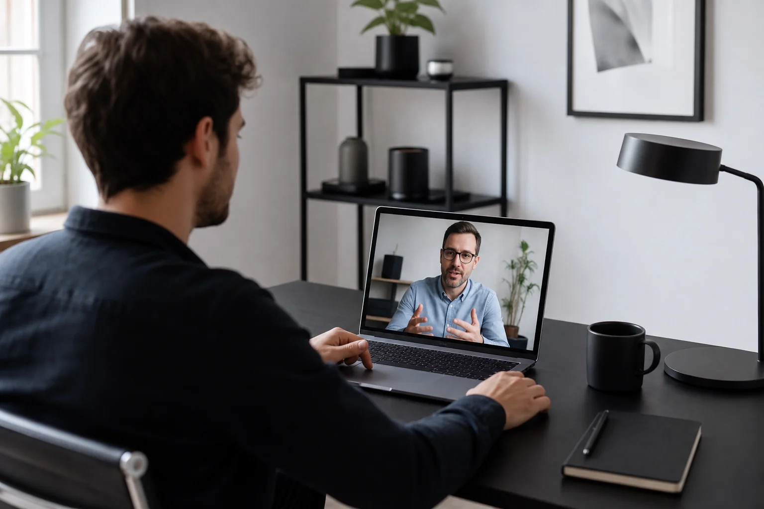 Photorealistic: a developer sitting at a desk in a modern studio, video call visible on a laptop screen showing a professional in discussion, minimalist black and white interior with white walls and black desk, natural daylight