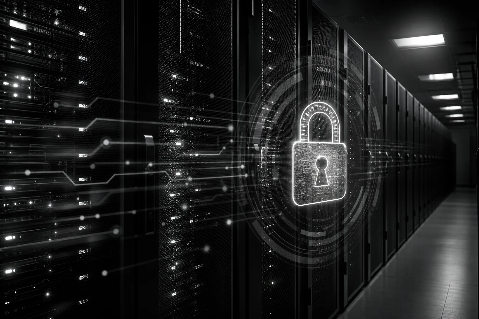 Photorealistic image showing data security and encryption concept for healthcare software. Photorealistic: a server room with black server racks and subtle white LED indicator lights, a translucent digital lock icon overlay suggesting