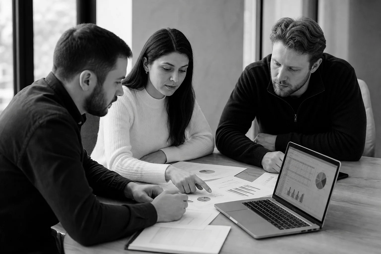 Photorealistic image of a small distributed development team reviewing project cost and scope documents. Photorealistic: a small team of three developers around a table reviewing printed charts and a laptop showing a budget spreadsheet