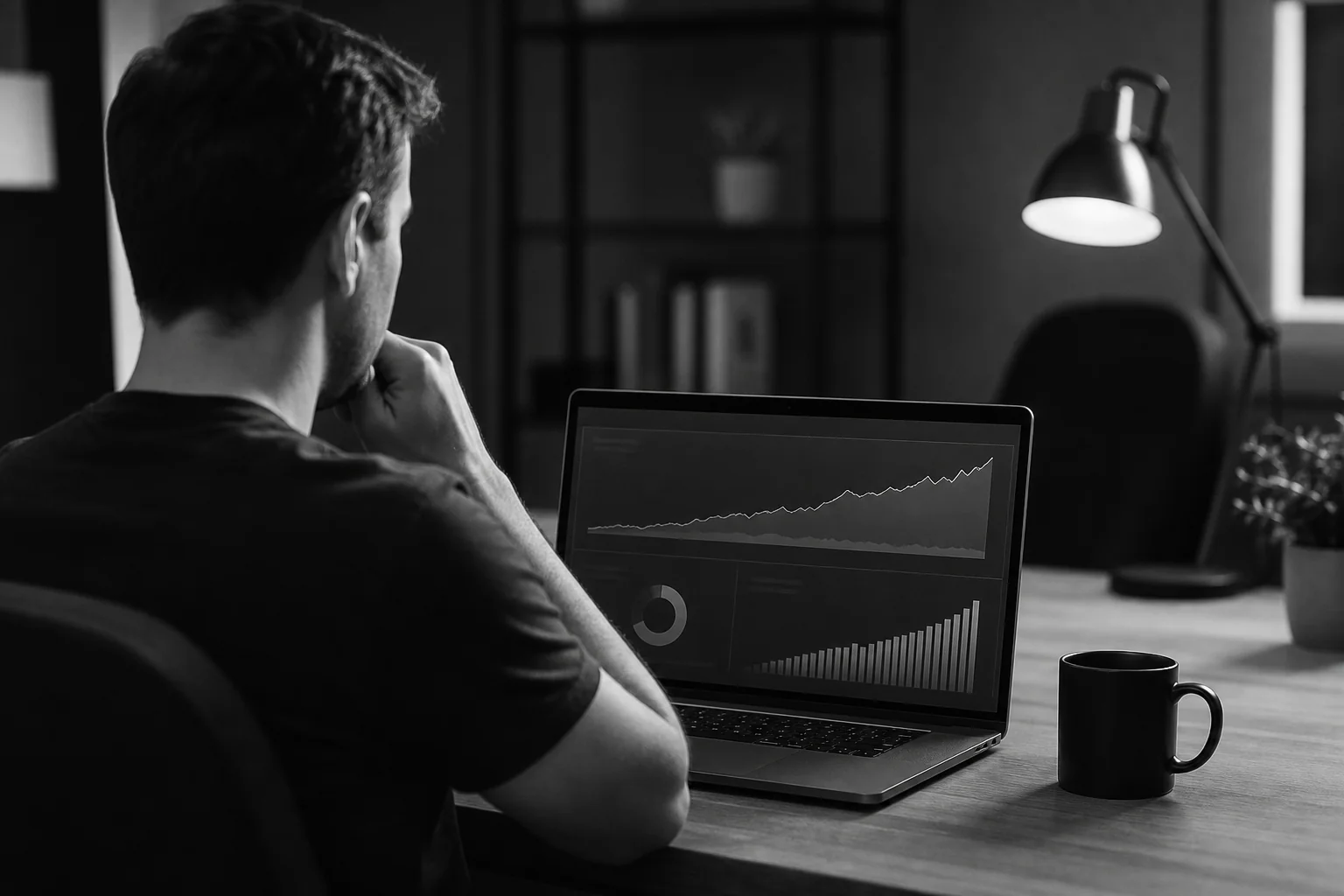 Photorealistic photo of a laptop screen displaying a rising cost analytics graph and server usage dashboard, viewed over the shoulder of a startup founder in a small office, dramatic black and white lighting, serious contemplative mood