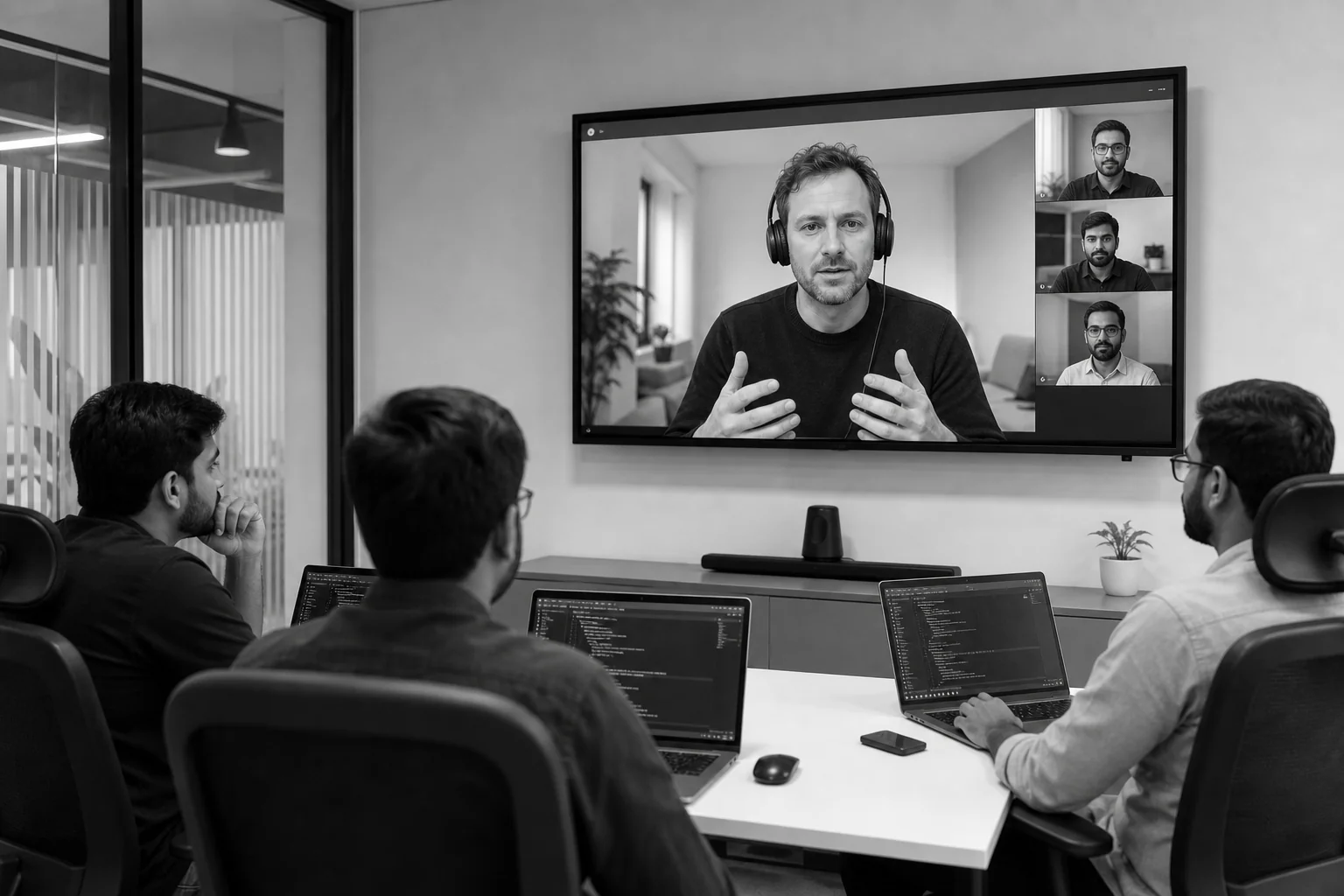 Remote development team collaborating with UK clients across time zones. Photorealistic photo of a small remote software development team on a video call displayed on a large monitor, developers in an Ahmedabad-style modern office