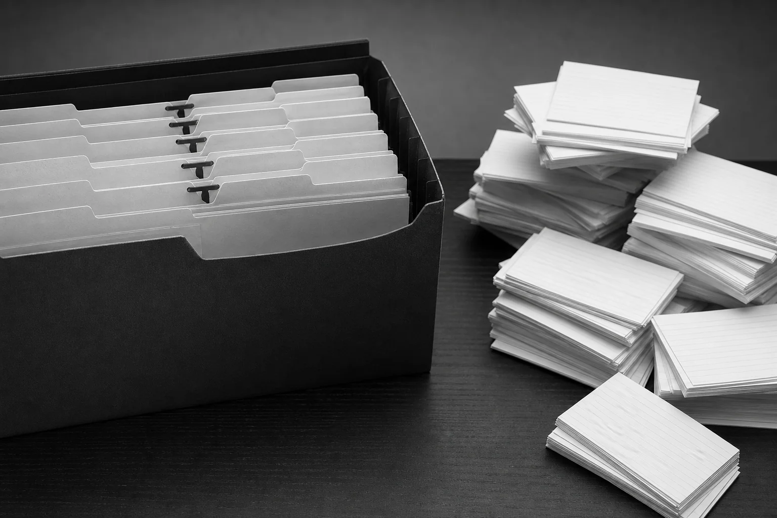 Photorealistic photo of two contrasting physical organizational systems side by side on a desk: neatly labeled interconnected file folders with visible tab connections representing structured relational data, next to loose stacked index