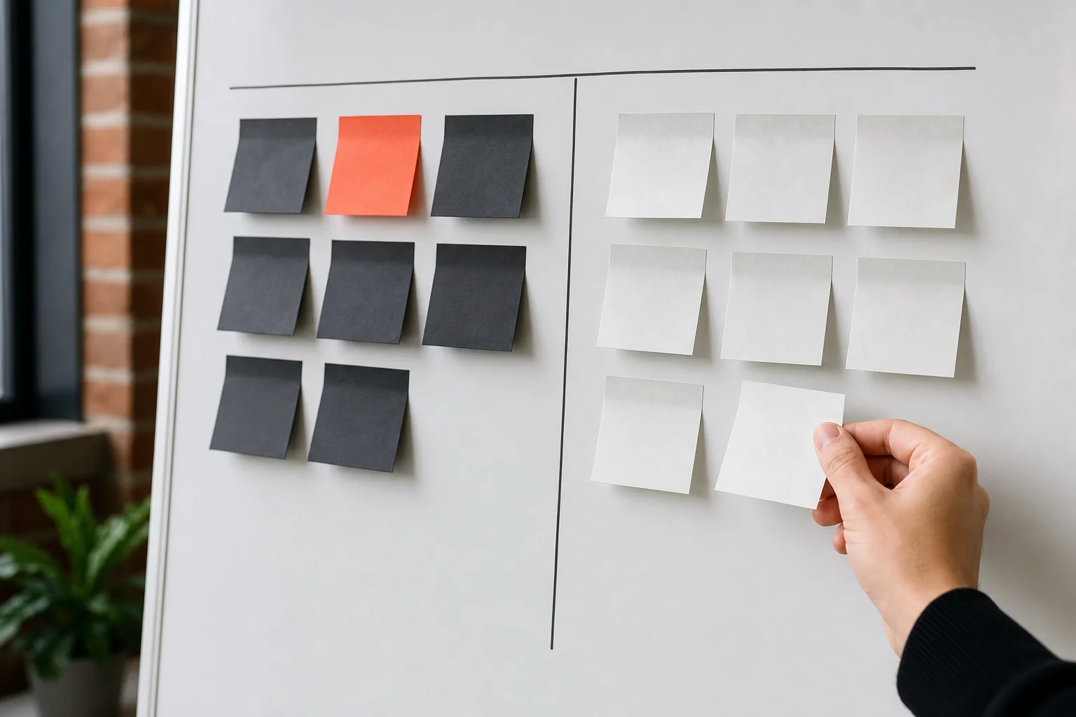 A whiteboard with feature prioritization sticky notes sorted into must-have and later columns. Photorealistic photo: close-up of a whiteboard covered in black and white sticky notes organized into two columns representing must-have and