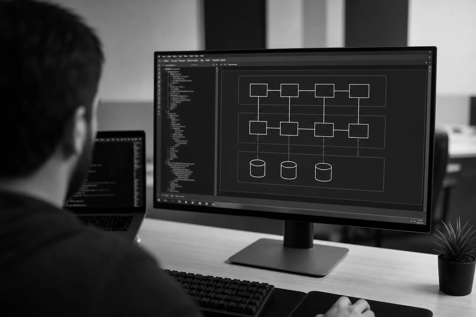Photorealistic photo: over-the-shoulder shot of a developer's monitor displaying a technical architecture diagram with boxes and connecting lines representing frontend, backend, and database layers, dark themed code editor in background