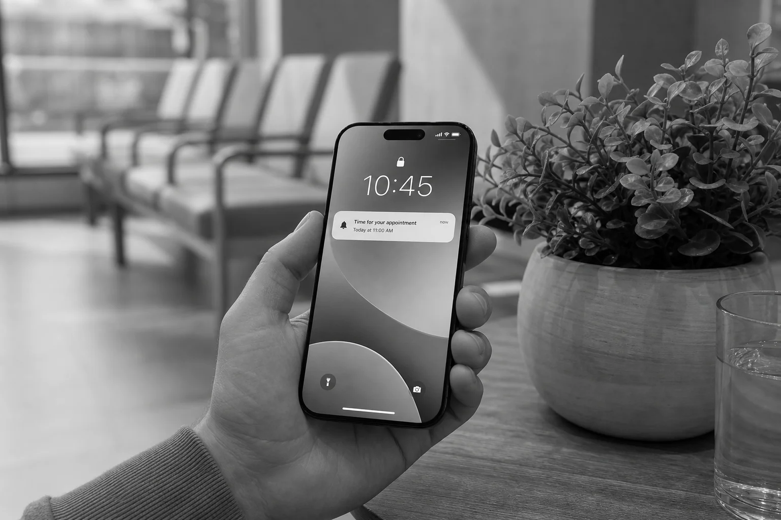 Close-up of a smartphone receiving an appointment reminder notification. Photorealistic close-up photo of a person's hand holding a smartphone showing an appointment reminder notification on the lock screen, sitting on a clinic waiting room