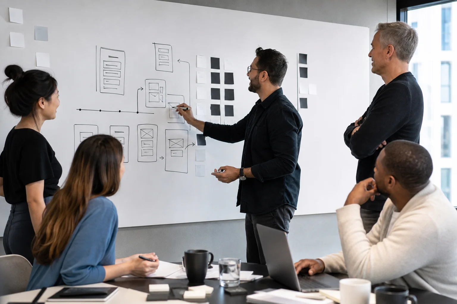 Team whiteboard session mapping out a clinic app development timeline. Photorealistic photo of a small product team gathered around a whiteboard sketching a project timeline and wireframes for an app, diverse professionals in casual