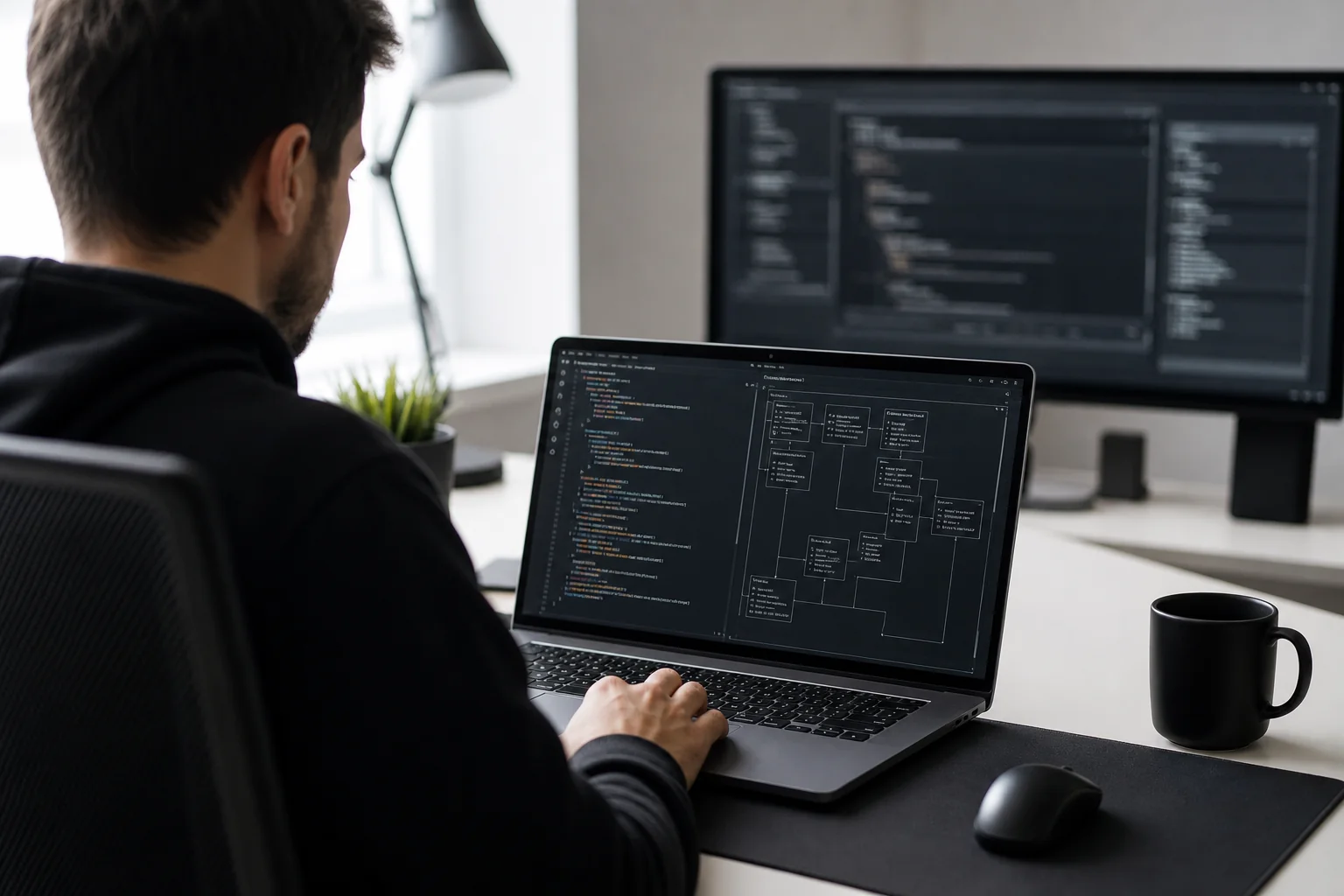 Developer working on integration code on a laptop in an office. Photorealistic photo of a software developer's desk with a laptop screen showing code and system architecture diagrams, a second monitor blurred in background, minimalist black