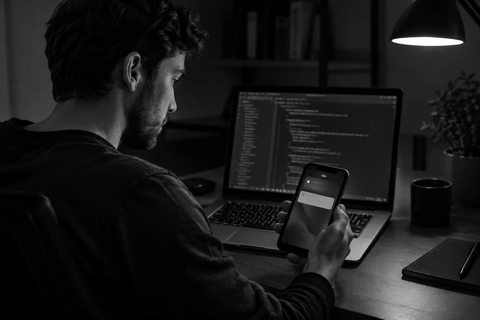 Developer reading a budget alert notification on a smartphone next to a laptop with code