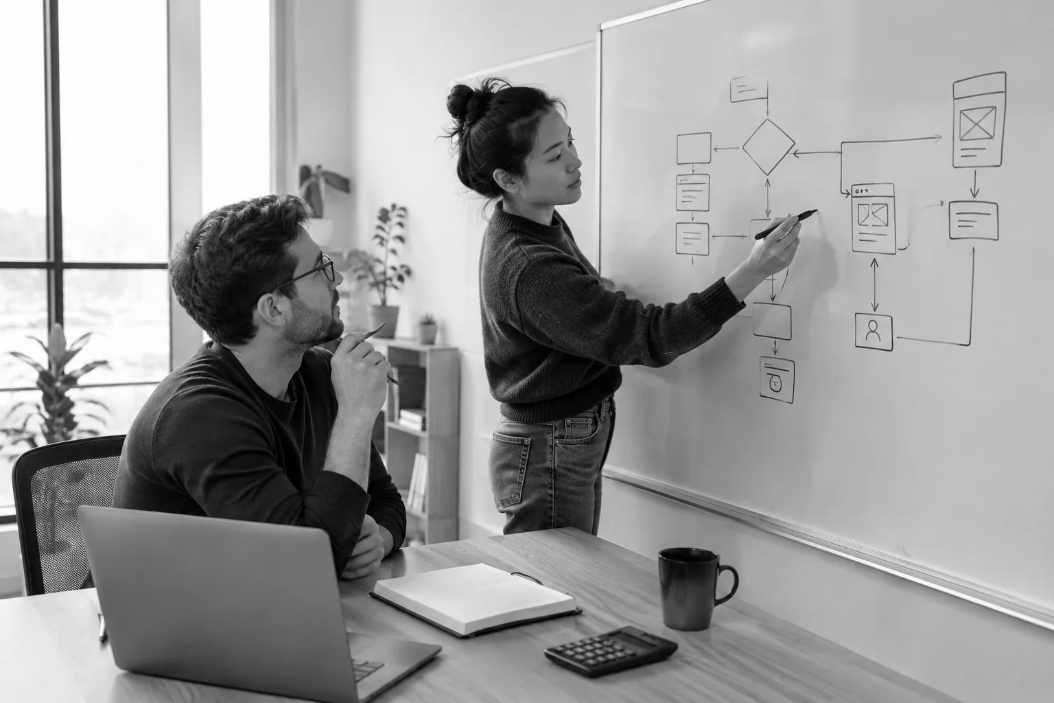 Two colleagues sketching app usage estimates on a whiteboard beside a notebook and calculator