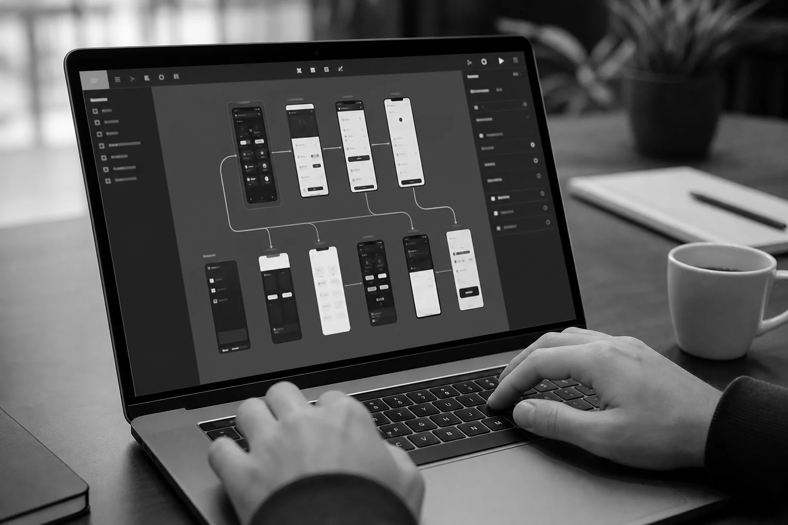 Designer building an interactive Figma prototype on a laptop. Photorealistic photo: close-up of a designer's hands typing on a laptop keyboard with a Figma-style interface mockup visible on screen showing app screens and connecting arrows