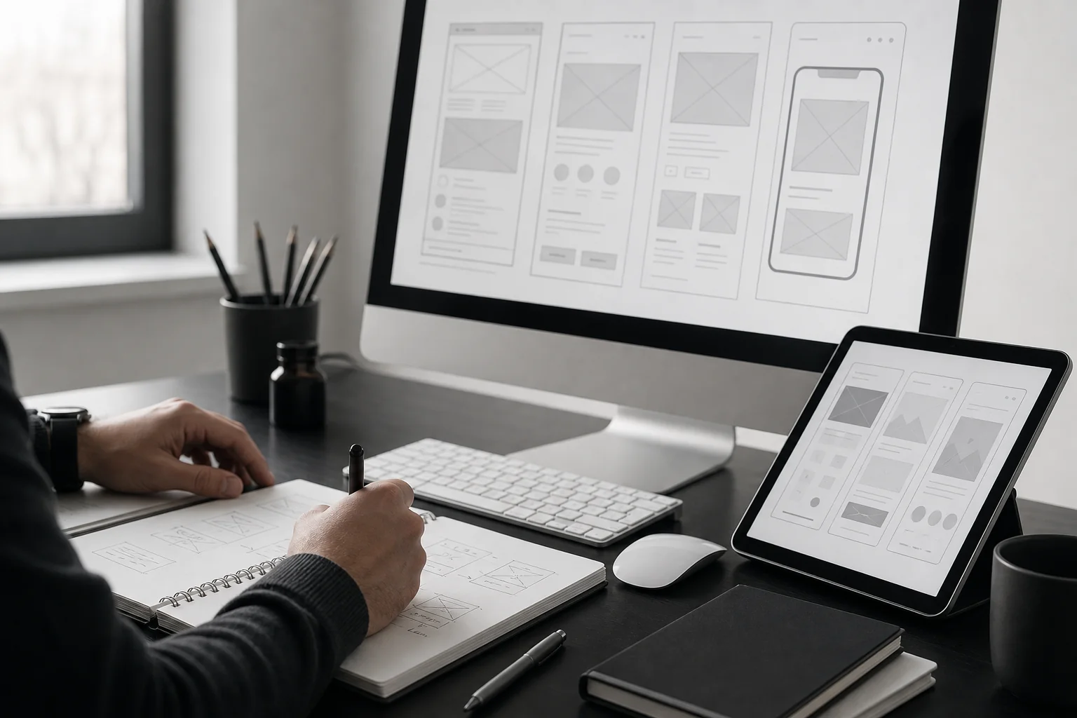 Close-up of a UI/UX designer reviewing wireframes and prototypes on a tablet and monitor. Photorealistic close-up shot of a designer's desk with a large monitor displaying clean, minimal wireframe layouts and a tablet showing a prototype
