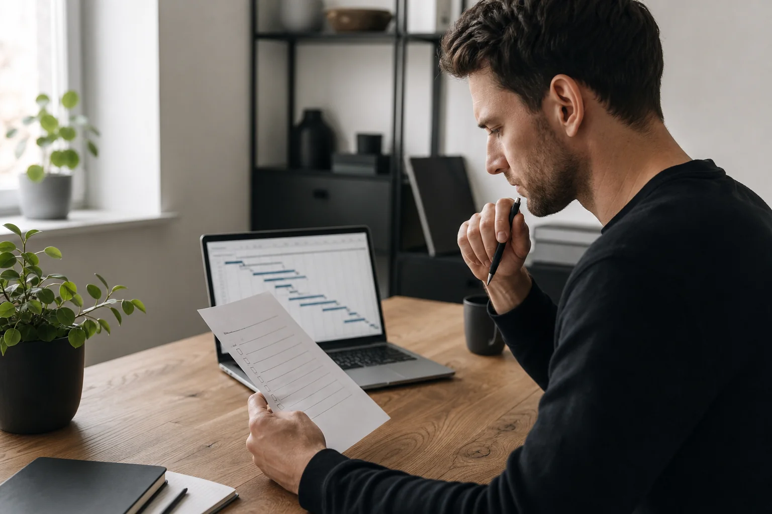 A founder reviewing a project timeline or checklist on a laptop, looking thoughtful, symbolizing careful vendor vetting. Photorealistic photo of a focused entrepreneur sitting at a wooden desk reviewing a printed checklist and laptop screen