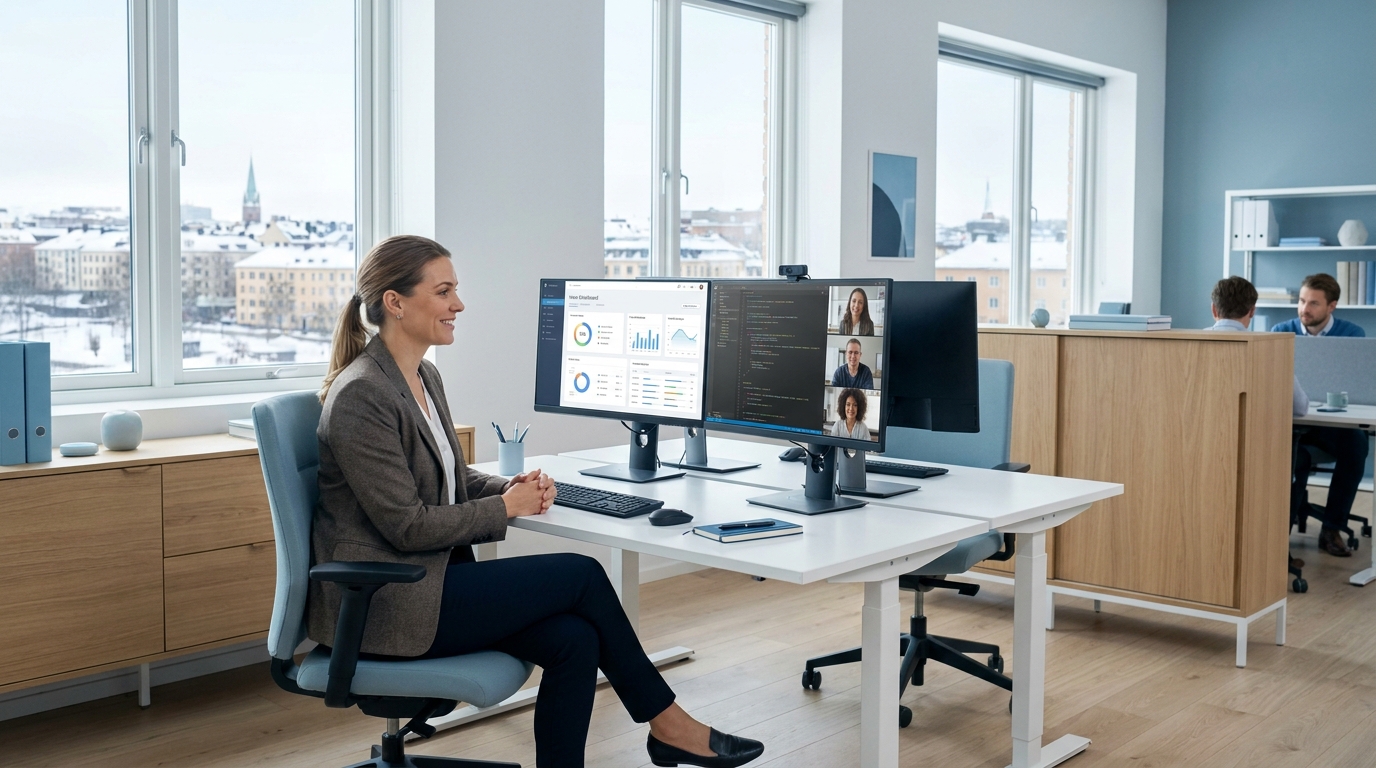 outsourcing Sweden professional on video call with remote development team in modern Stockholm office