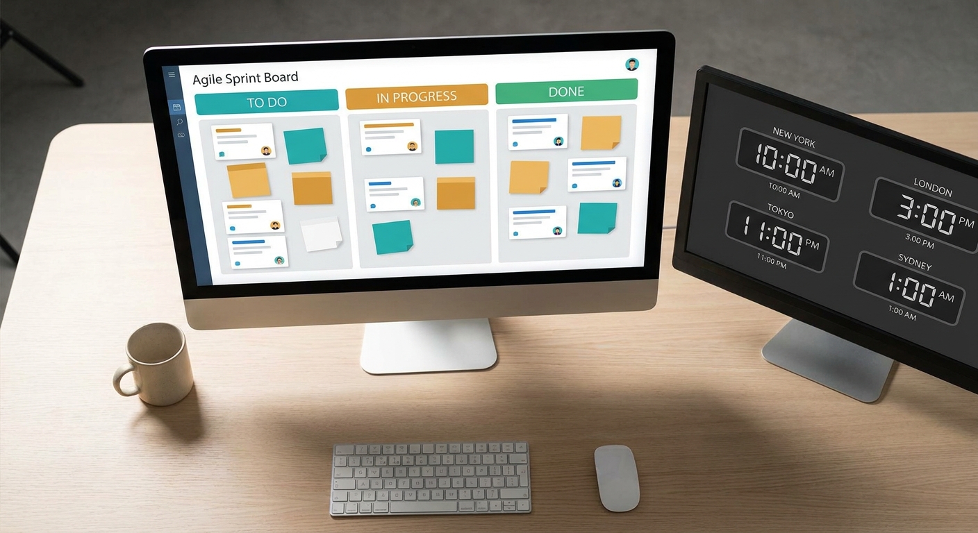 agile sprint board with time zone clocks for outsourcing Sweden remote team management