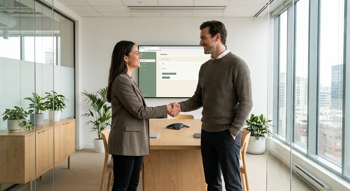 Swedish business professional shaking hands with development agency partner representing outsourcing Sweden partnership