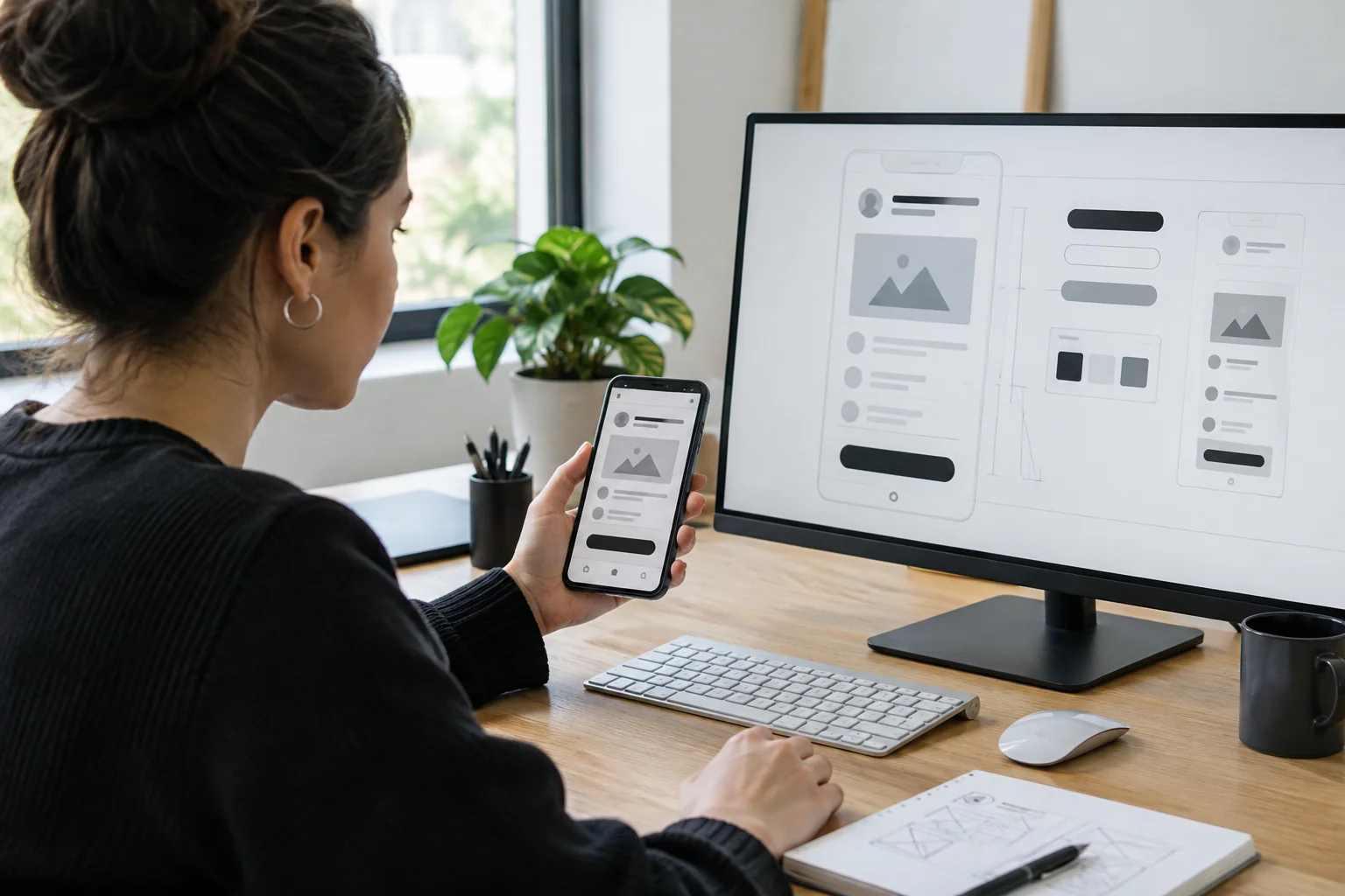 Designer reviewing a mobile app screen for colour contrast and touch target size on a smartphone
