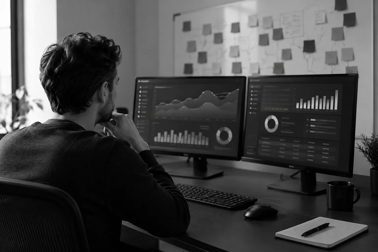 Developer monitoring usage data on dual monitors while planning metering and billing logic