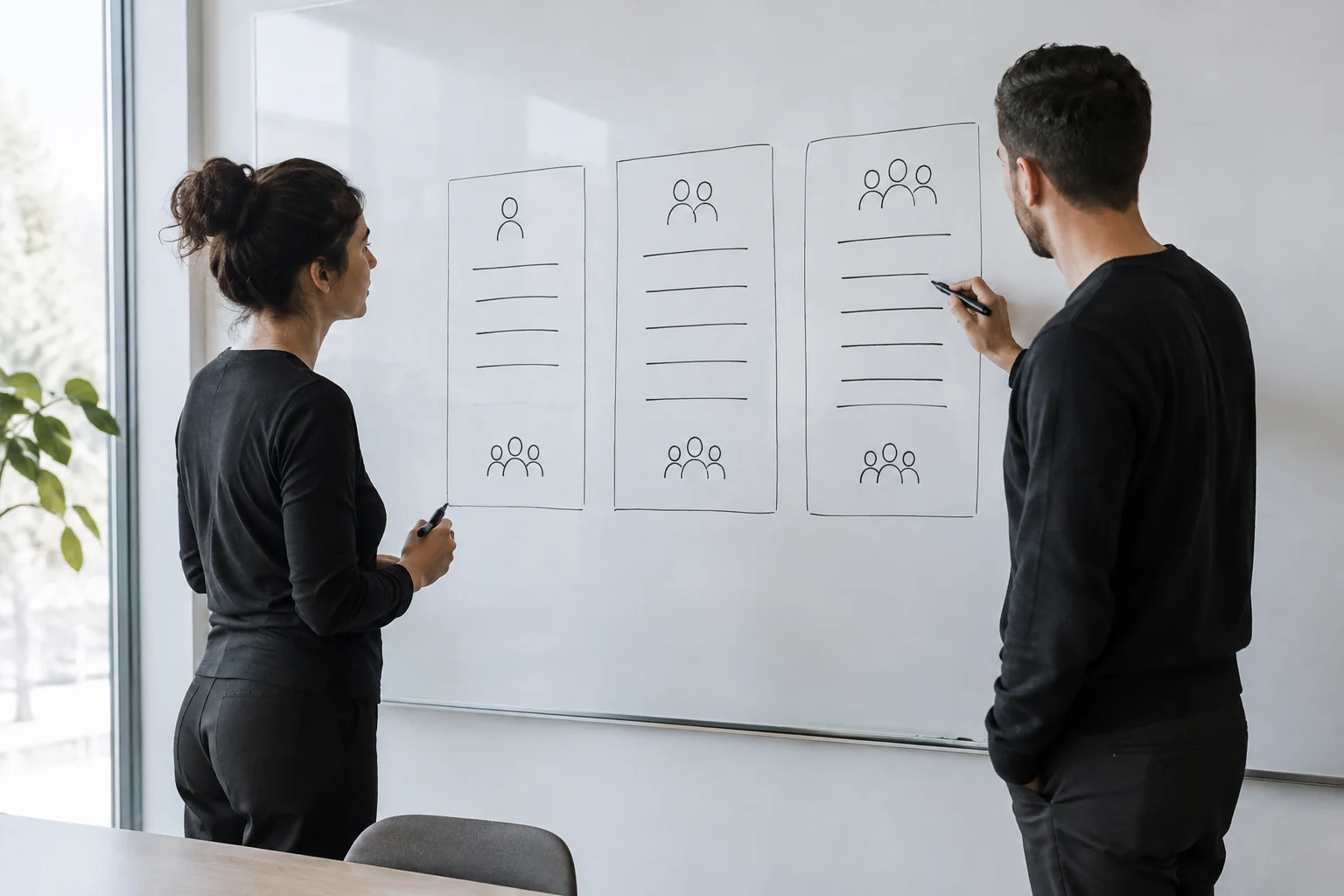 Two colleagues at a whiteboard mapping customer segments to pricing tiers in a meeting room
