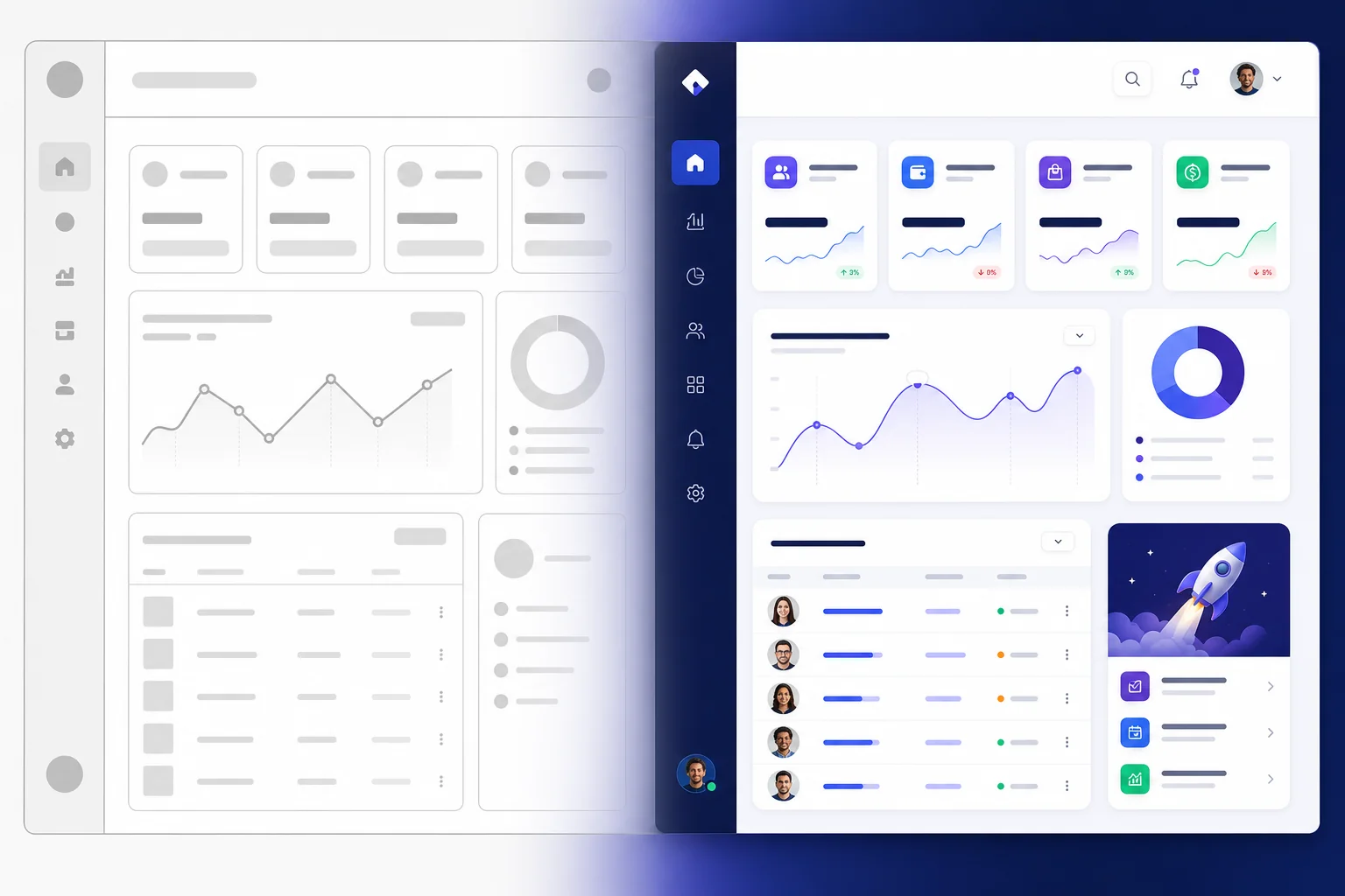 Split-screen showing a web app wireframe prototype transforming into a polished high-fidelity UI design