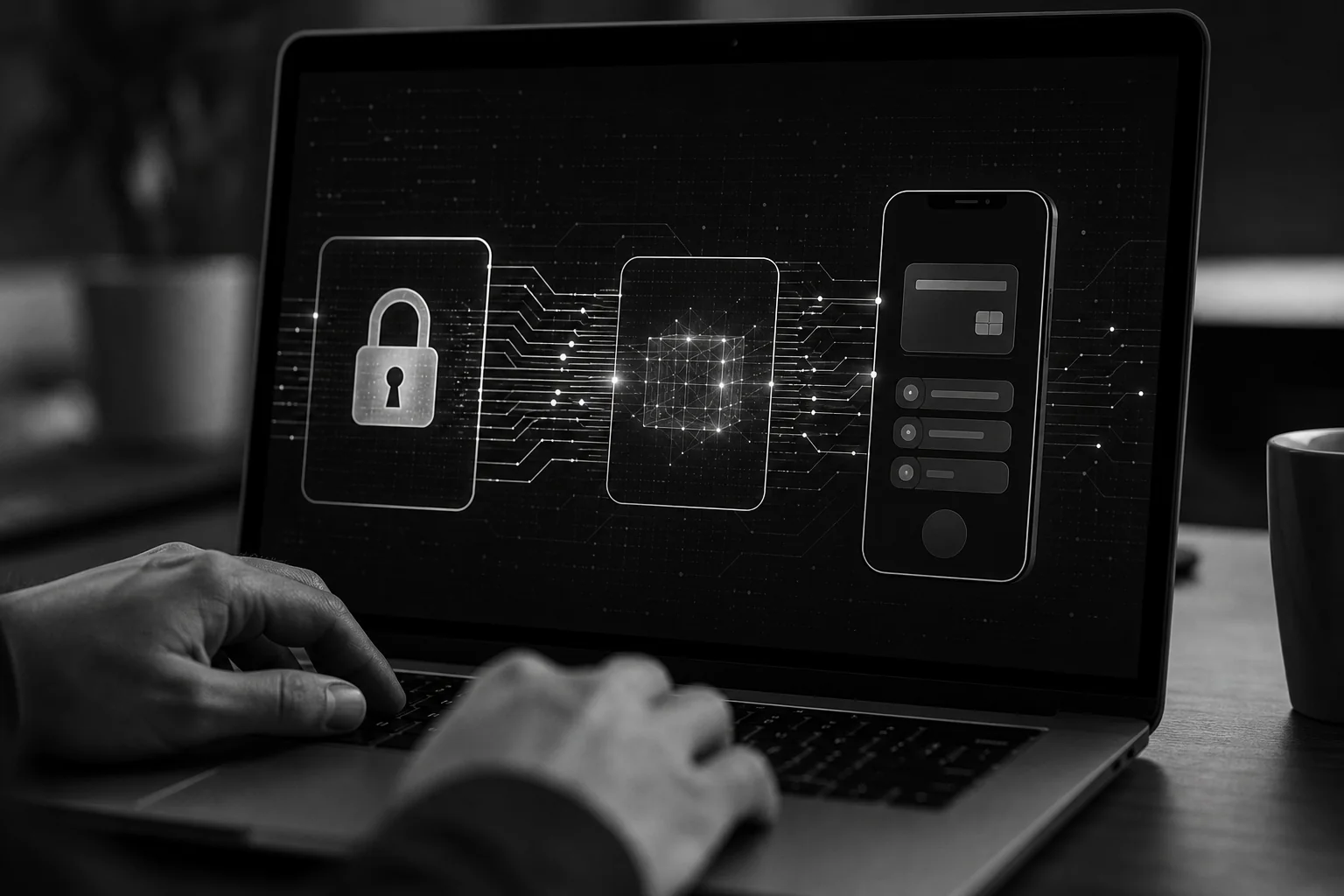 Close-up of a developer's screen showing encrypted data flow and secure login architecture for a banking app. Photorealistic close-up photo of a laptop screen showing abstract secure code architecture with a padlock icon and encrypted data