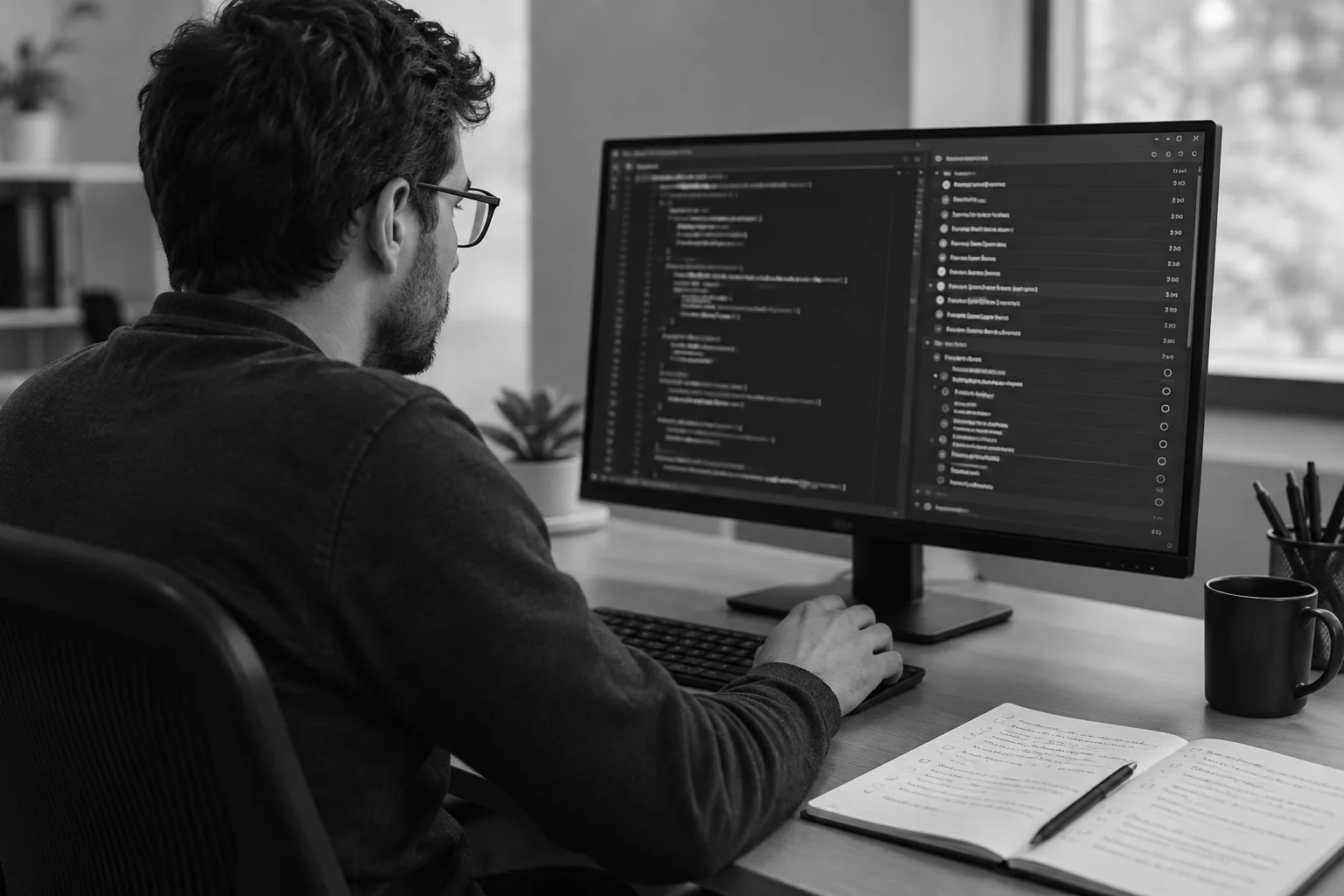 Developer testing a technical proof of concept on a monitor with code and test results