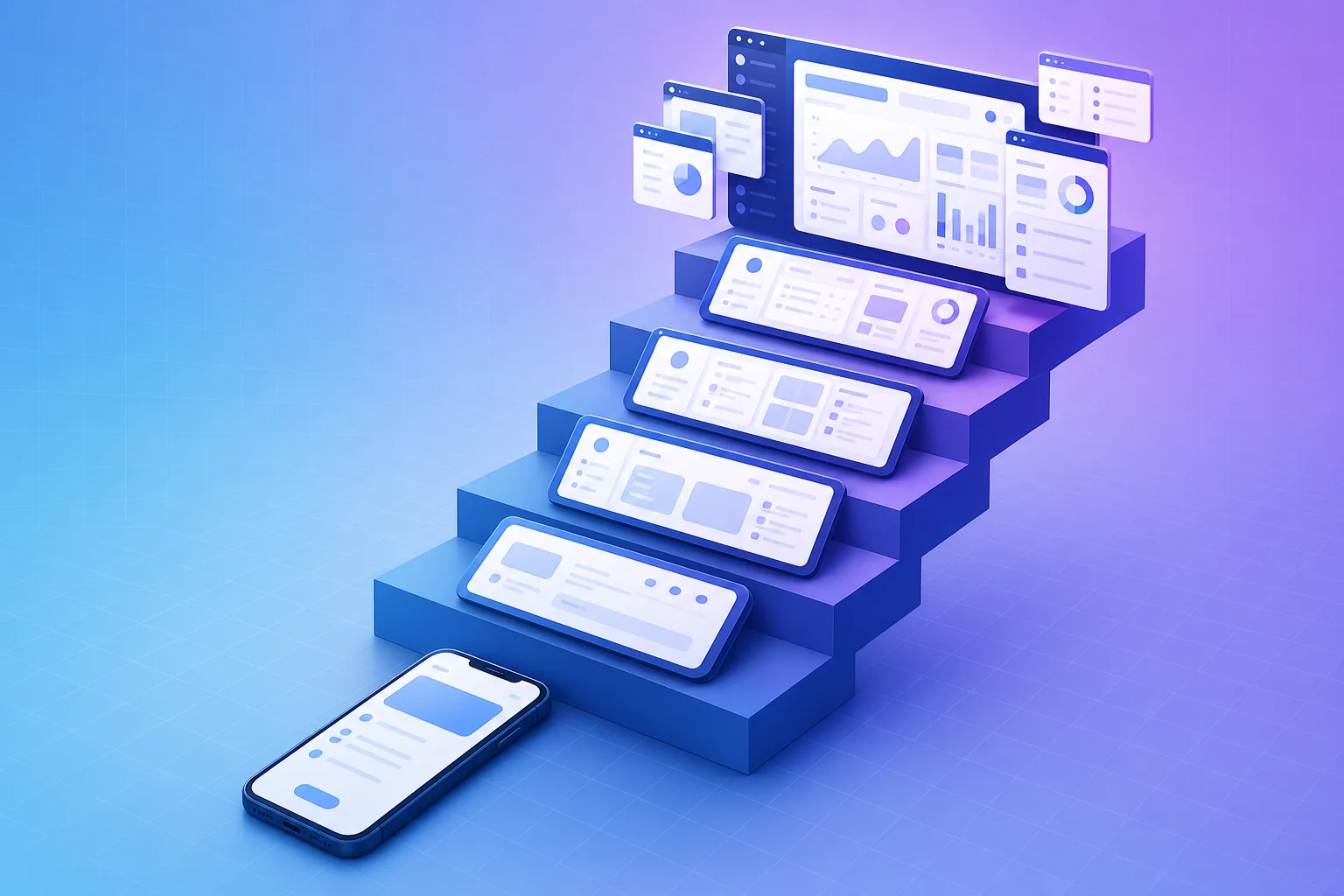 Illustration showing web application complexity scaling from simple tool to full SaaS platform