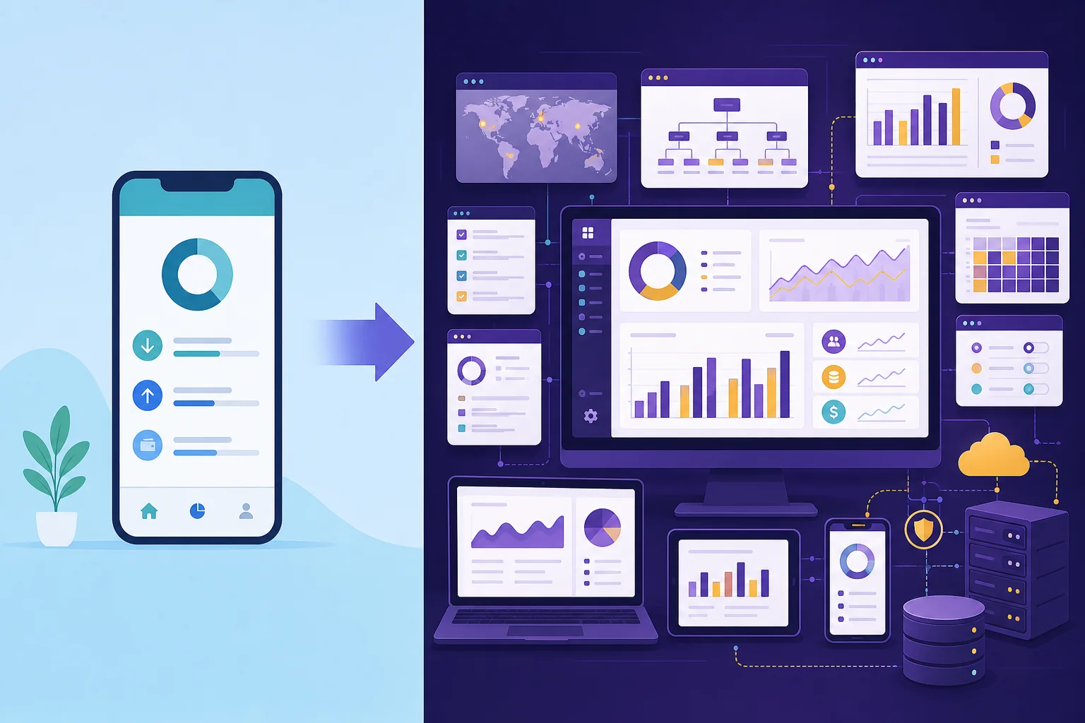 Comparison illustration of a low-budget simple app build versus a high-budget enterprise application build
