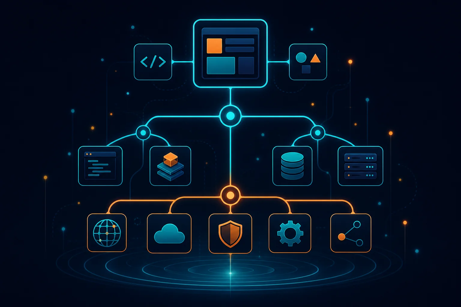 Abstract illustration of modern web development technology stack decision points