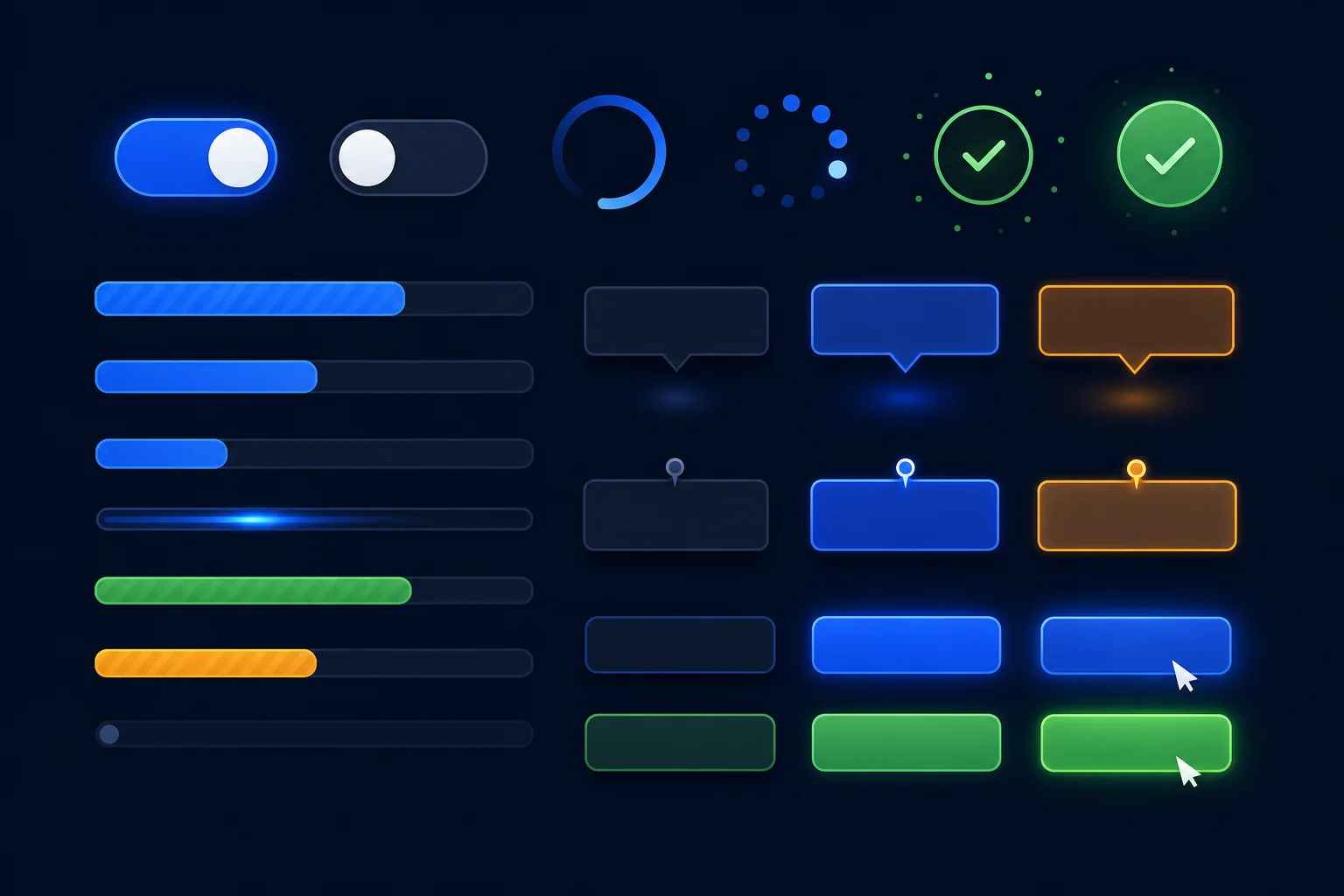 SaaS UI micro-interaction components including toggle switches, loading states, progress bars, and success animations