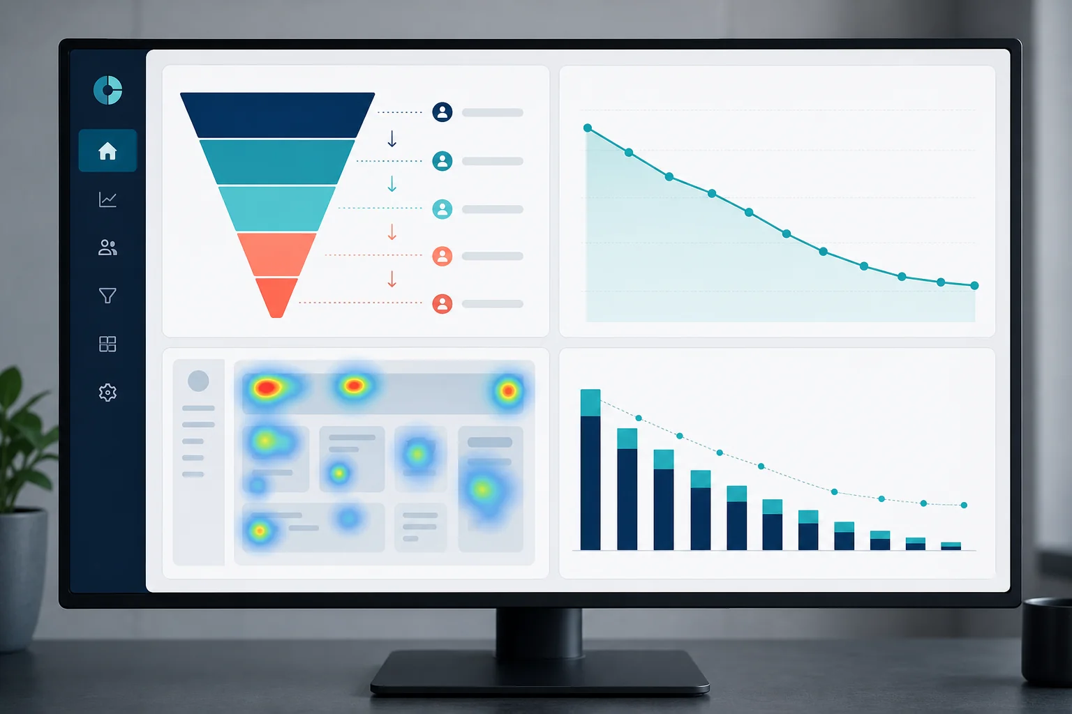 SaaS analytics dashboard showing UX performance metrics including activation rate, churn data, and user flow funnel analysis