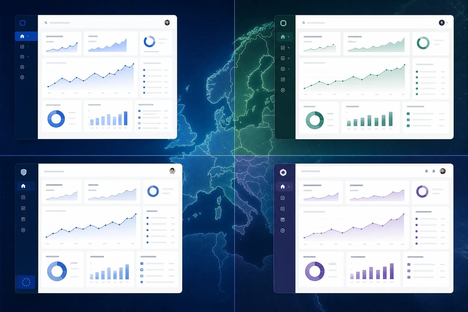 SaaS interface adapted for multiple European markets showing localised UI layouts for UK, Netherlands, Germany, and Nordic regions