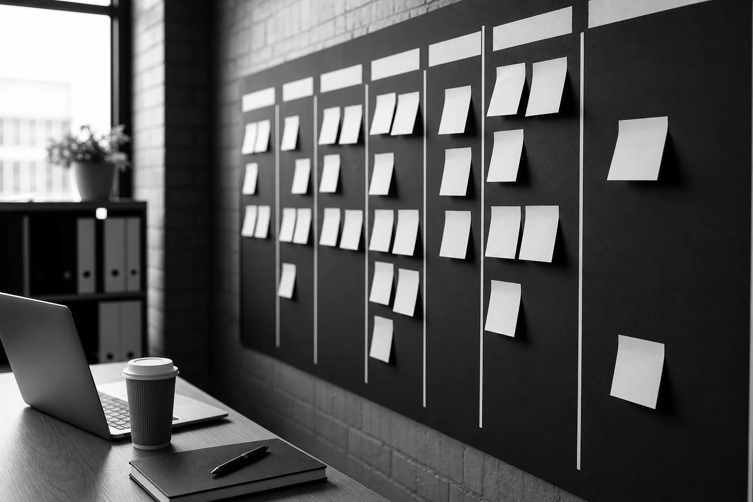 Photorealistic photo of a project planning wall in an office with a physical kanban board covered in blank sticky notes arranged in columns, a laptop and coffee cup on a nearby desk, black and white monochrome tone with high contrast