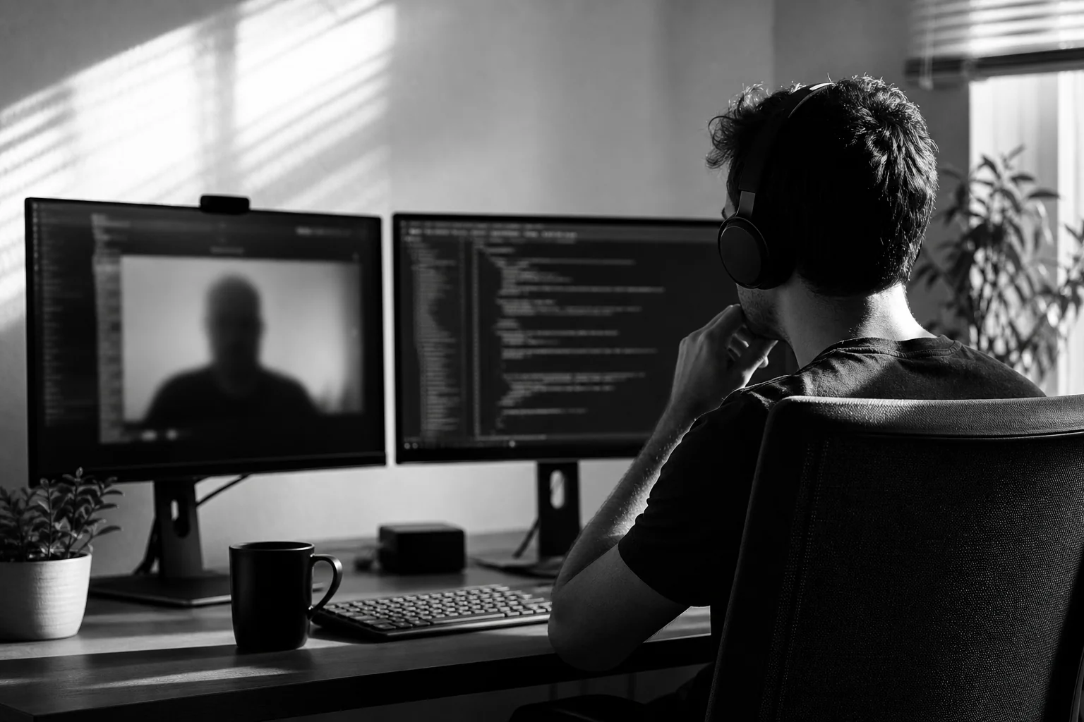 A split-screen style remote collaboration moment showing developers working across time zones. Photorealistic photo of a software developer at a desk with dual monitors displaying abstract code editor windows (no readable text), working