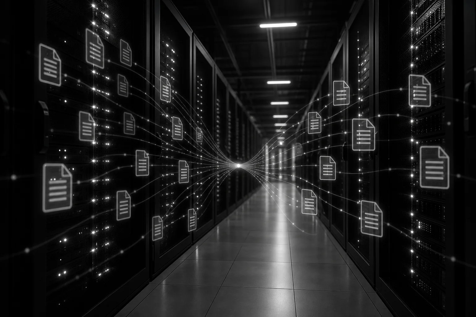 Photorealistic: A server room or data center aisle shot from a low angle, black server racks with white status lights glowing, a translucent overlay effect of connected document icons and data streams flowing toward a central point, black