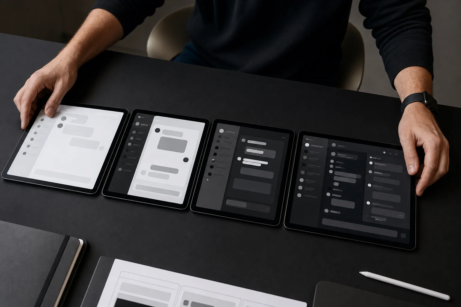 Photorealistic image showing tiers of chatbot complexity represented visually through layered screens or devices. Photorealistic: Close-up of a designer's hands arranging four different tablet devices in a row on a black desk, each screen