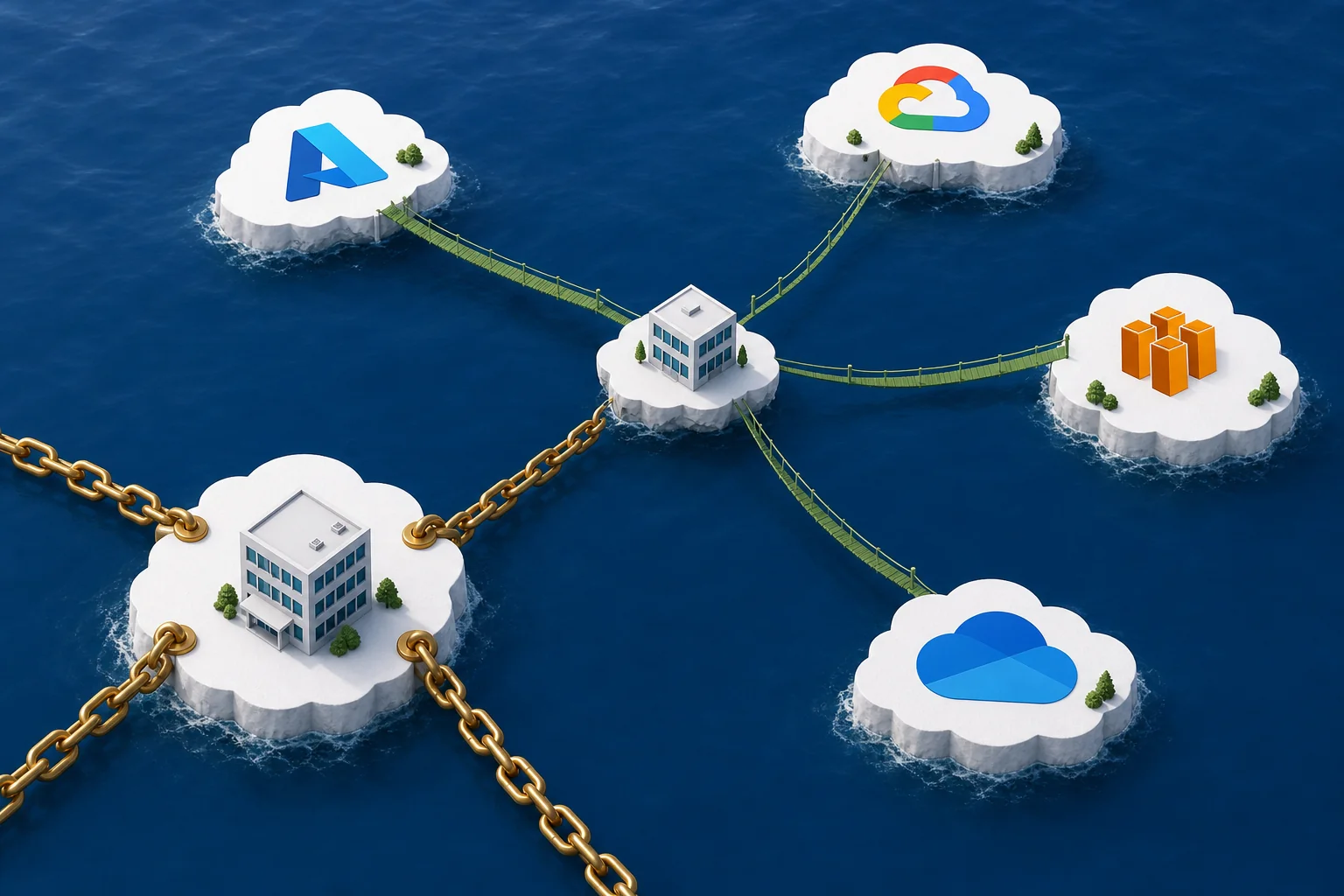 Conceptual illustration of vendor lock-in risk showing a business building chained to one cloud platform island versus flexible multi-cloud bridges