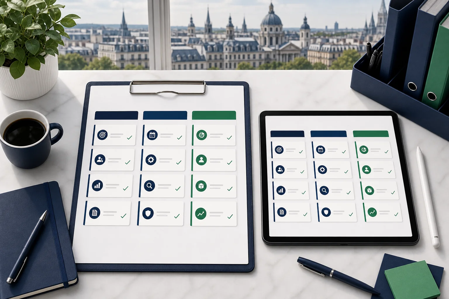 Structured project planning board with checklist cards and European city skyline in background, representing SMB cloud migration preparation