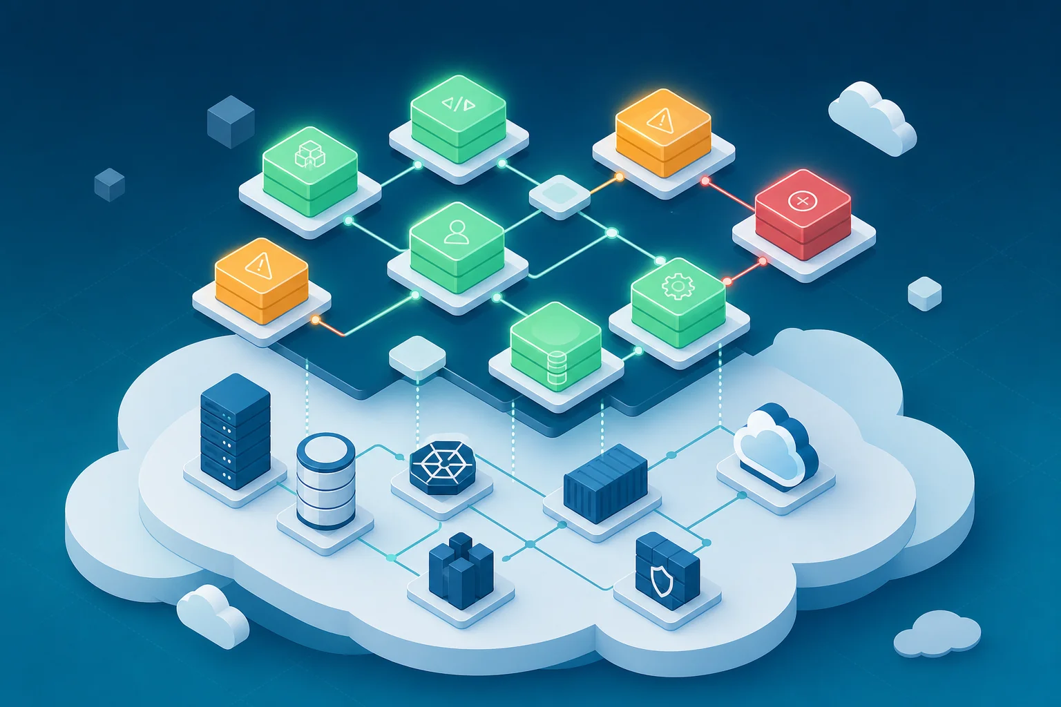 Isometric diagram showing application cloud readiness assessment with green, amber, and red status indicators