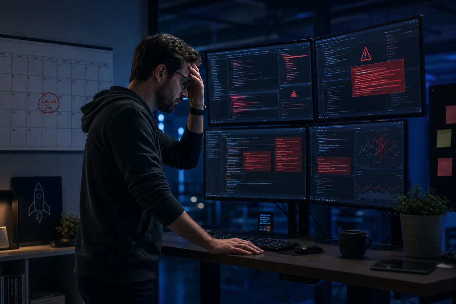 Developer discovering critical bugs and errors on screen shortly after a software product launch