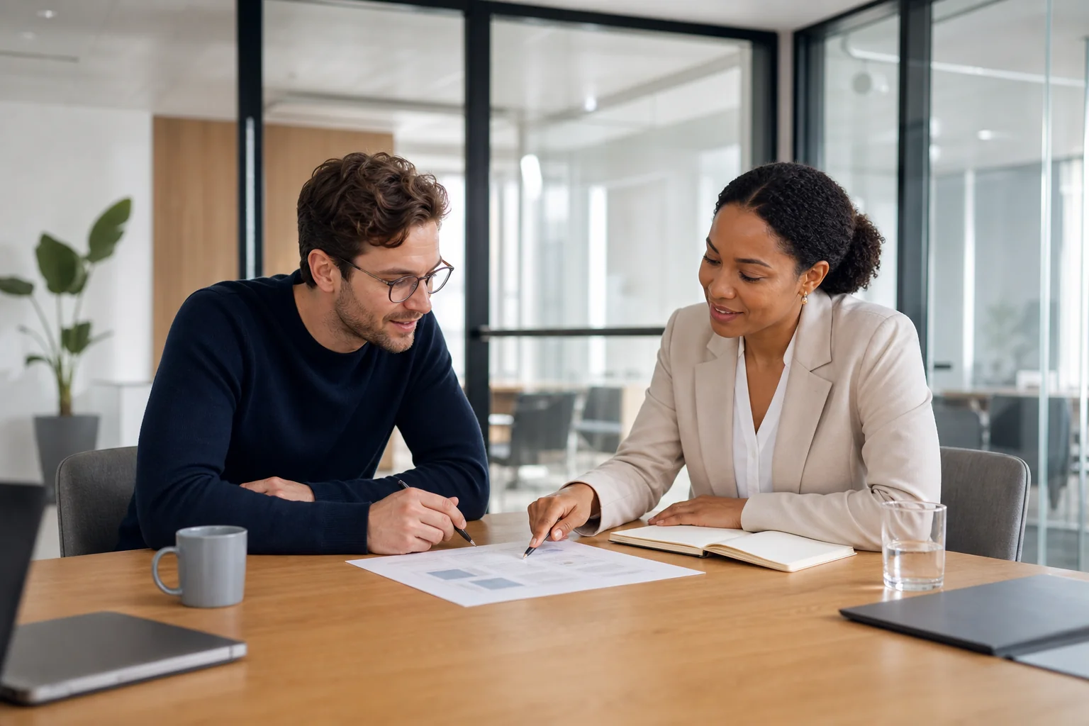 Professional negotiation meeting between a startup founder and development agency representative reviewing contract terms collaboratively